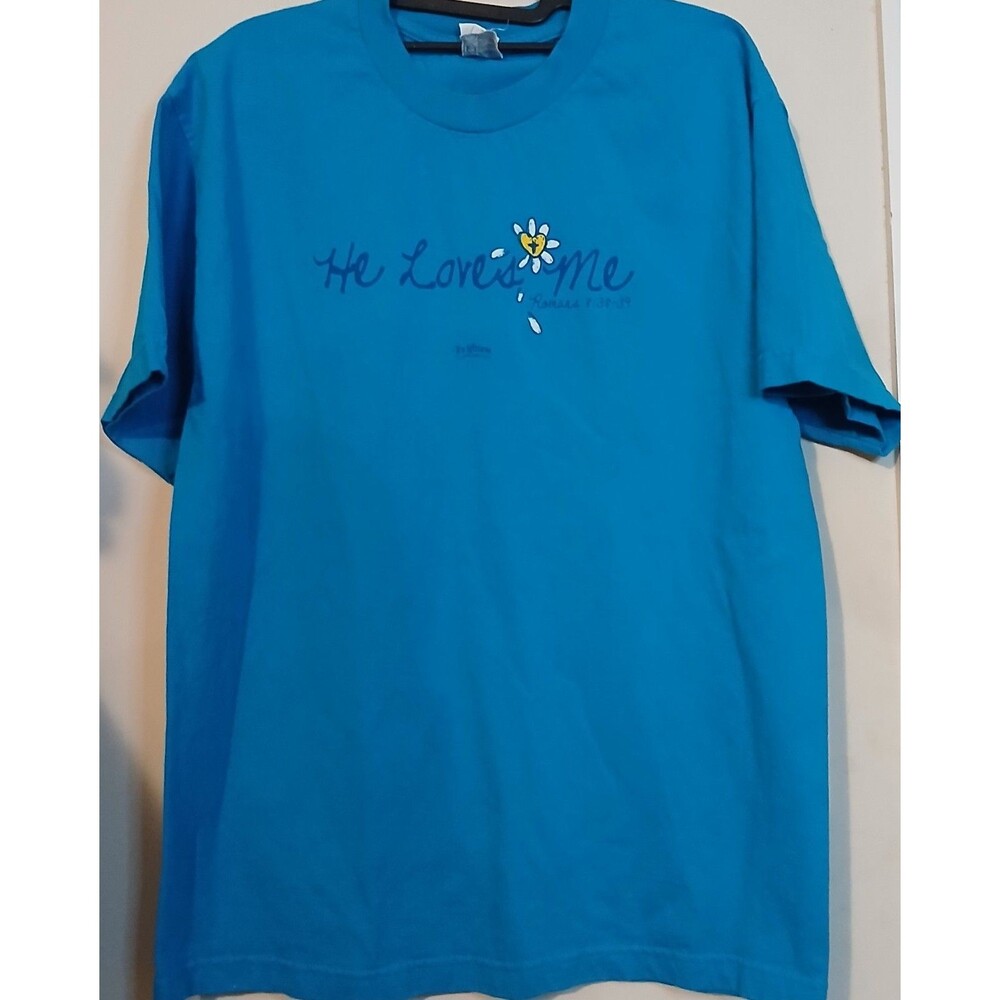 Romans 8:38-39 He Loves Me Christian T Shirt Mens Large Alstyle Blue Graphic
